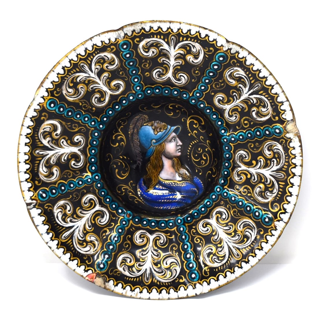 Antique French Renaissance style Limoges enamel bowl: Antique French Renaissance style Limoges enamel bowl. Enamel on copper, 19th/ early 20th century, Limoges. Apparently un-marked. Approximate measurements: 1 1/2"H x 6 1/4" in diameter or 3.7cm H x 15.