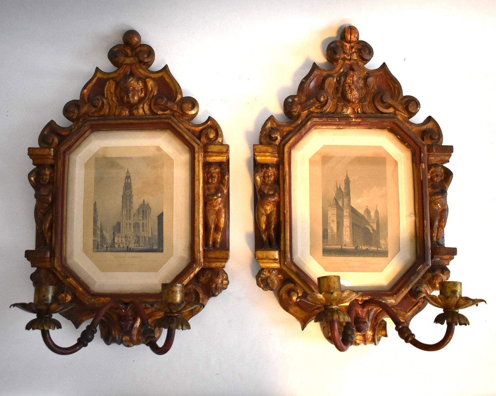 Pair of antique Renaissance style carved wood sconces / wall lights (1 of 12)