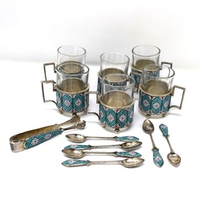 Set of 6 Persian silver and enamel demitasse cups and spoons