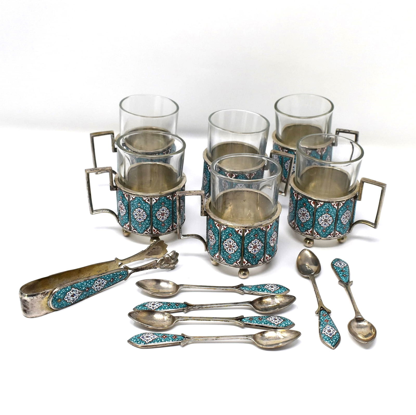 Set of 6 Persian silver and enamel demitasse cups and spoons (1 of 17)