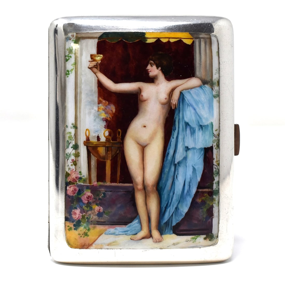 Erotic Sterling silver and enamel cigarette case: Antique early 20th century sterling silver and enamel decorated erotic cigarette case, depicting a female nude in Grecian style setting holding a cup. Marked " ACHEF" " sterling silver", "925" and an 