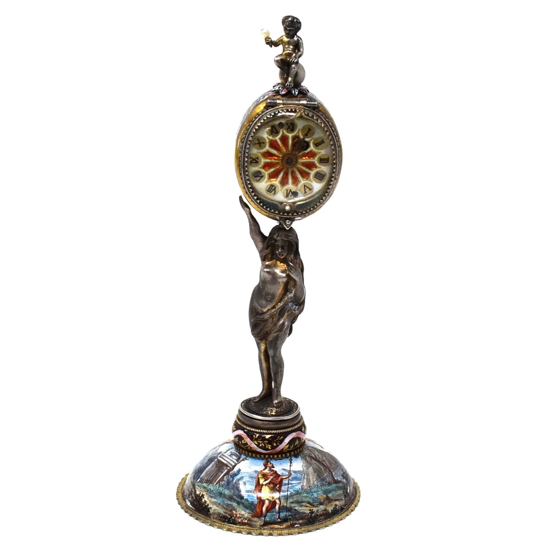 Antique Austrian Viennese silver and enamel figural desk clock: An antique 19th century Austrian Viennese silver and enamel decorated figural desk clock featuring a naturalistic semi-nude female figure supporting an oval clock case with a figural child seated on a