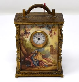 Antique bronze and enamel miniature carriage clock