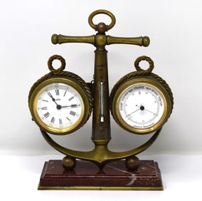 Antique Nautical ANGELUS weather station desk clock and barometer