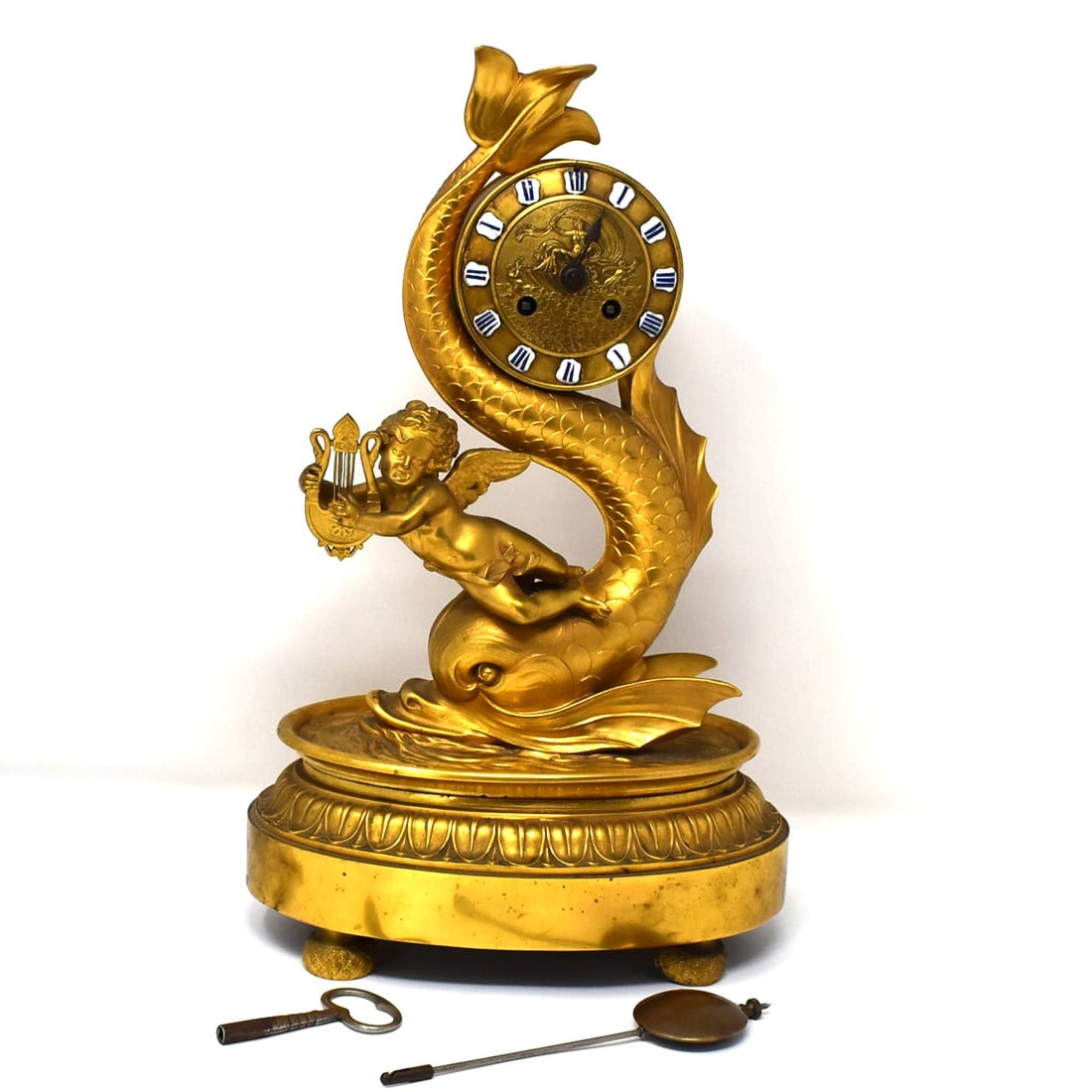 Antique French gilt bronze mantel clock: cherub & dolphin (1 of 20)