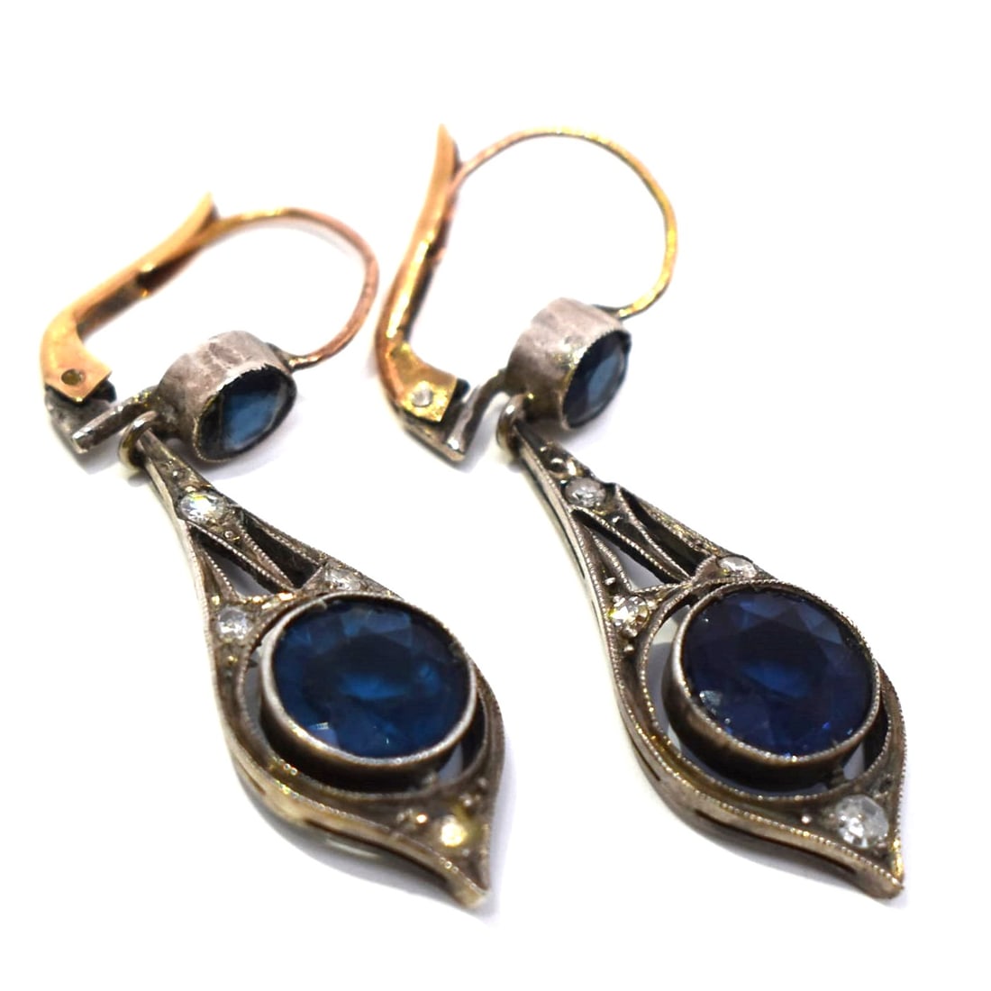 Pair of Art deco gold, diamond and sapphire pendant earrings (1 of 8)
