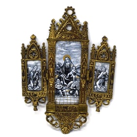 Antique Gothic style brass & Limoges enamel triptych