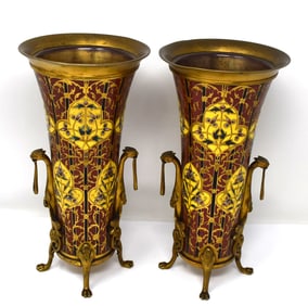 Pair of French F. BARBEDIENNE champleve enamel & ormolu mounted vases