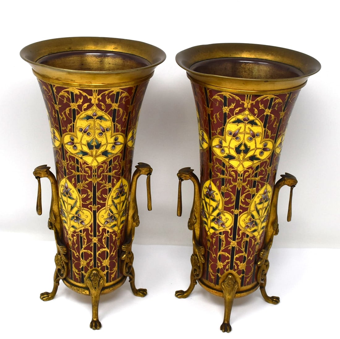 Pair of French F. BARBEDIENNE champleve enamel & ormolu mounted vases (1 of 16)