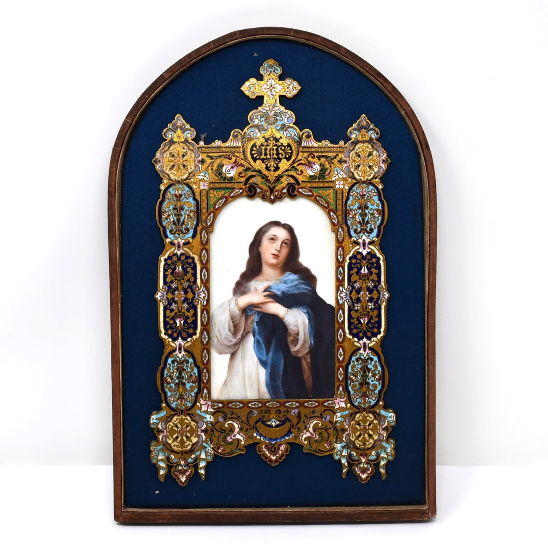 Antique French champleve enamel and porcelain plaque of the Virgin Mary (1 of 7)
