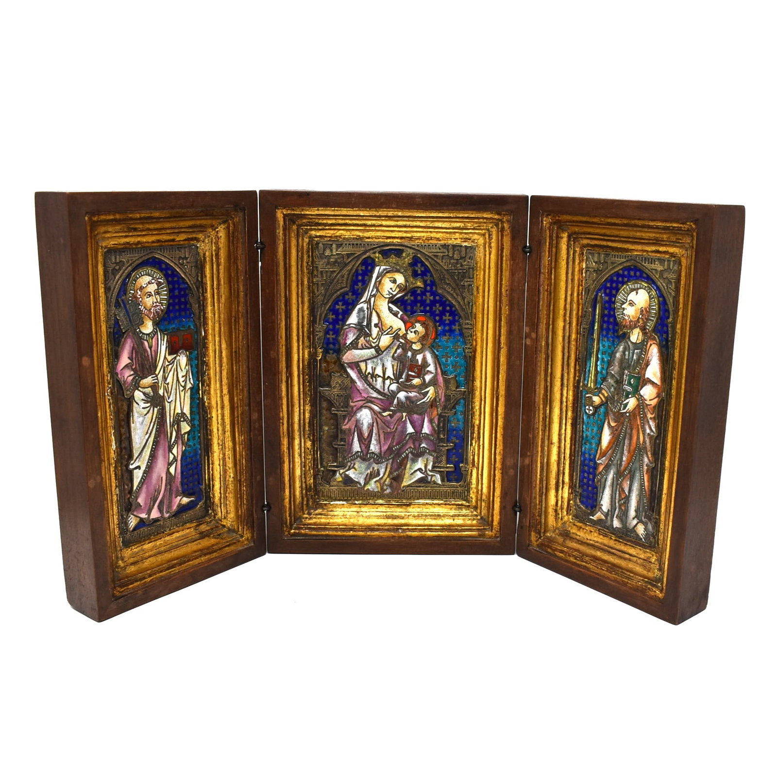 Vintage champleve enamel and wood triptych: A vintage, 20th century champleve enamel and wood triptych, with the nativity in the central panel, flanked by St Peter on the left and St. Paul on the right. Origin un-known. Apparently un-signed / u