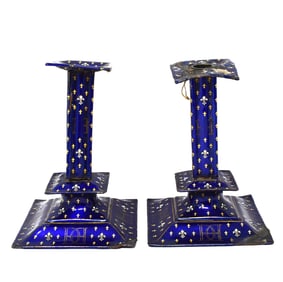 Pair of antique French enamelled copper candlesticks