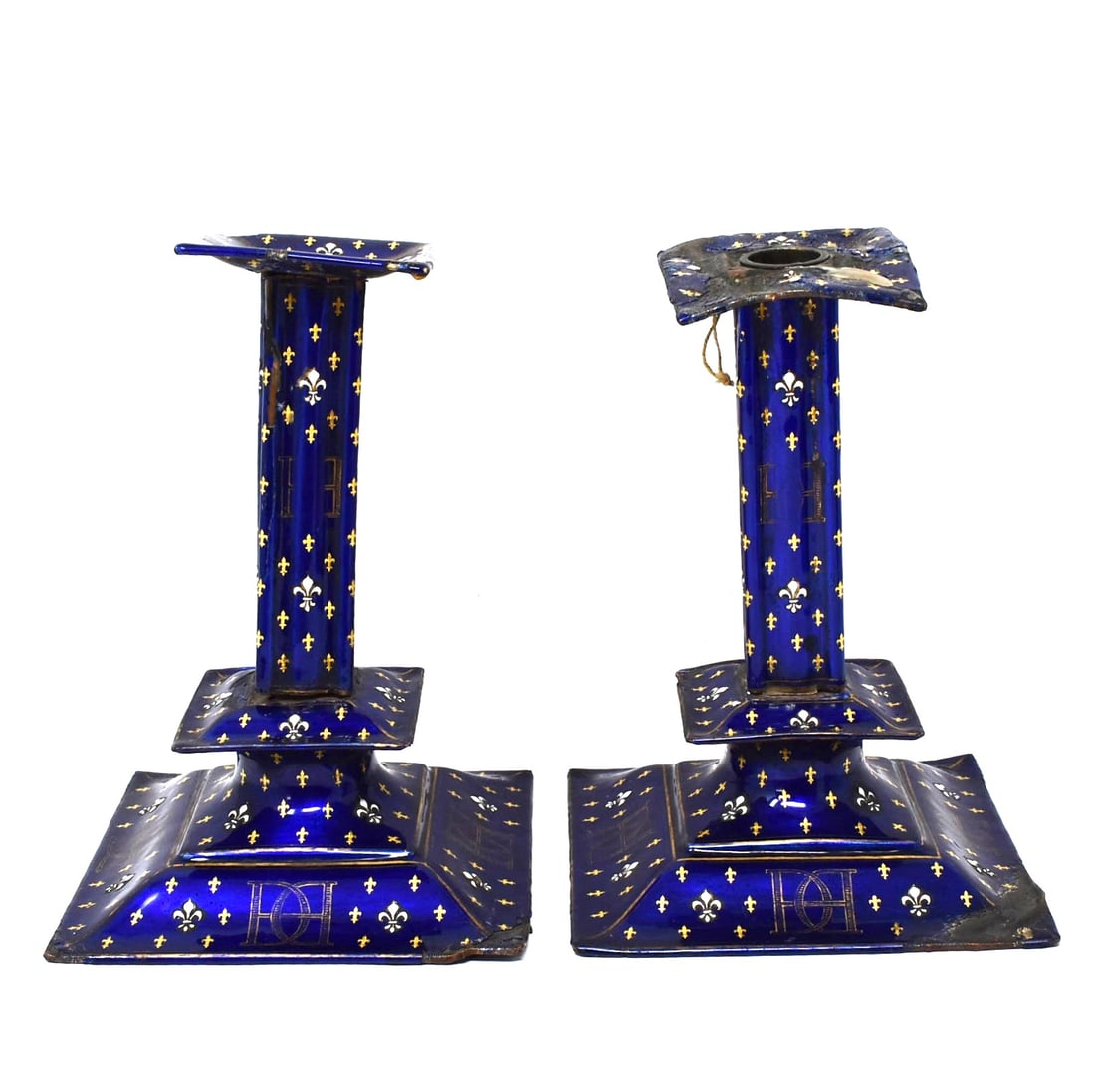 Pair of antique French enamelled copper candlesticks (1 of 12)