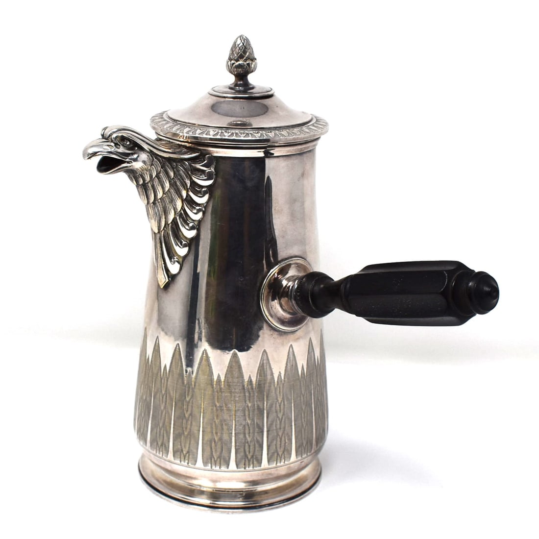 VICTOR SAGLIER silverplate chocolate pot: An antique French Empire style silverplate chocolate pot wiht ebony handle with marks " VS" with a three masted boat for Victor saglier, Paris. Approximate measurements:9"H x 8"W x5" D or23cm H x 20 c
