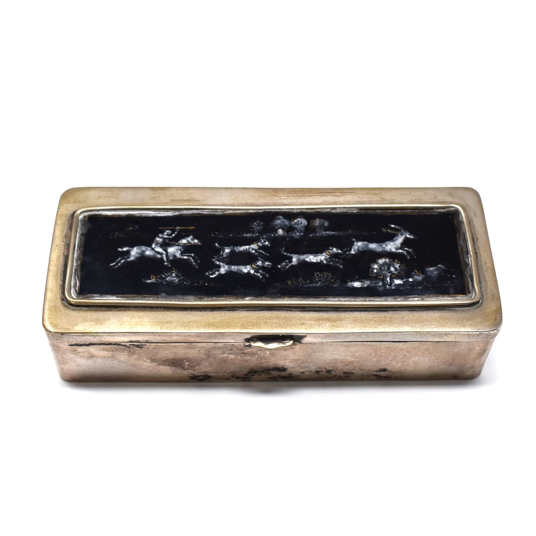 Silvered metal and enamel hinged box with hunting scene (1 of 13)