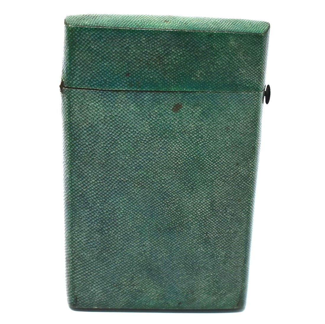 Art Deco green-hued shagreen hinged cigarette case: Art Deco green-hued shagreen hinged cigarette case. Approximate measurements: 4 1/8"l x 2 5/8" x 5/8" or 10.5cm l x 6.5cmW x 1 1/2cmD