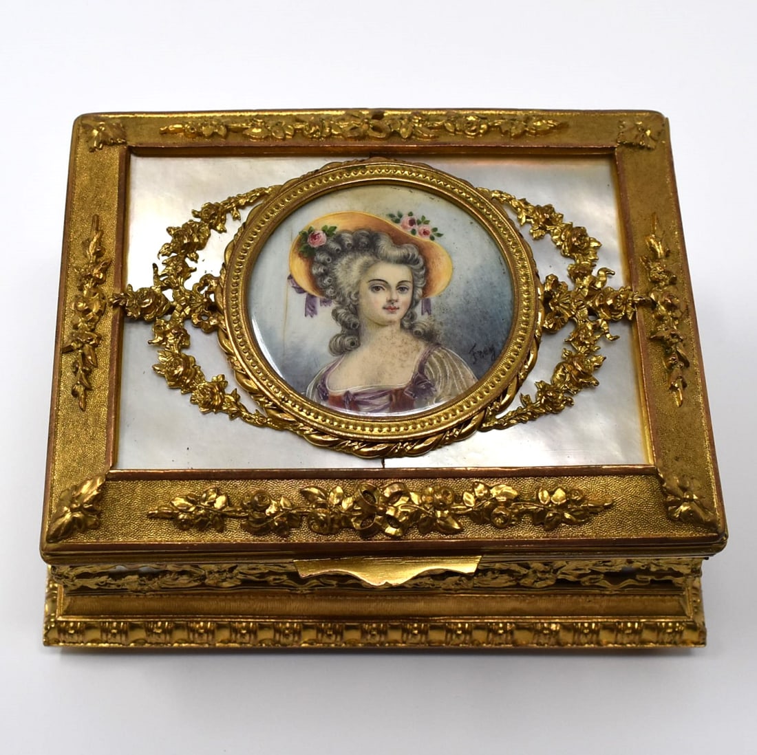 Antique French gilt brass dresser box with miniature portrait (1 of 15)