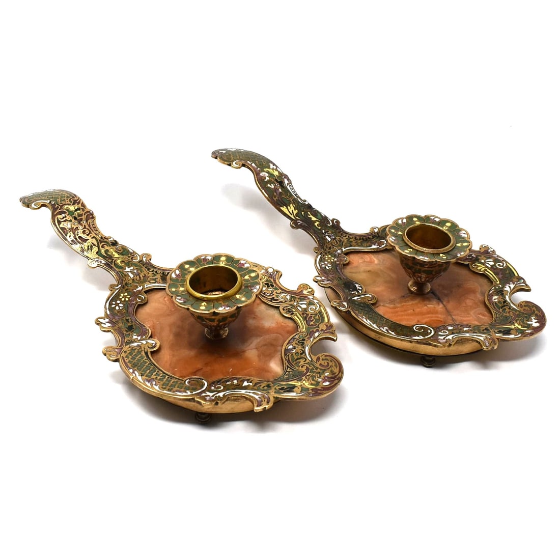 A pair of antique French champleve enamel and onyx chambersticks / candlesticks (1 of 15)