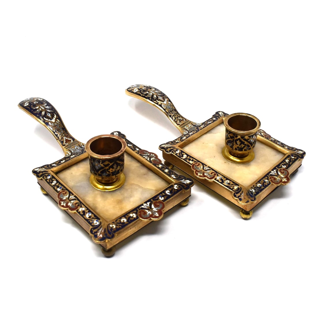 A pair of antique French champleve enamel and onyx chambersticks / candlesticks (1 of 11)