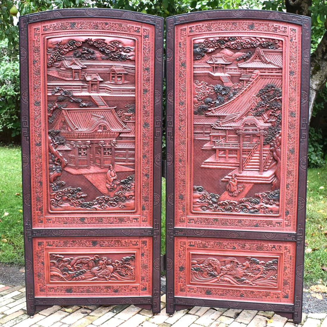 A large Chinese two panel carved cinnabar lacquer screen/ room divider (1 of 20)