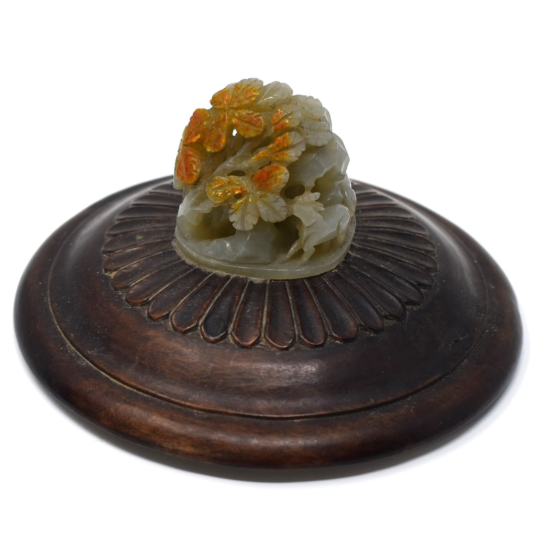 A Chinese russet and green jade mountain with deer finial lid/cover (1 of 11)