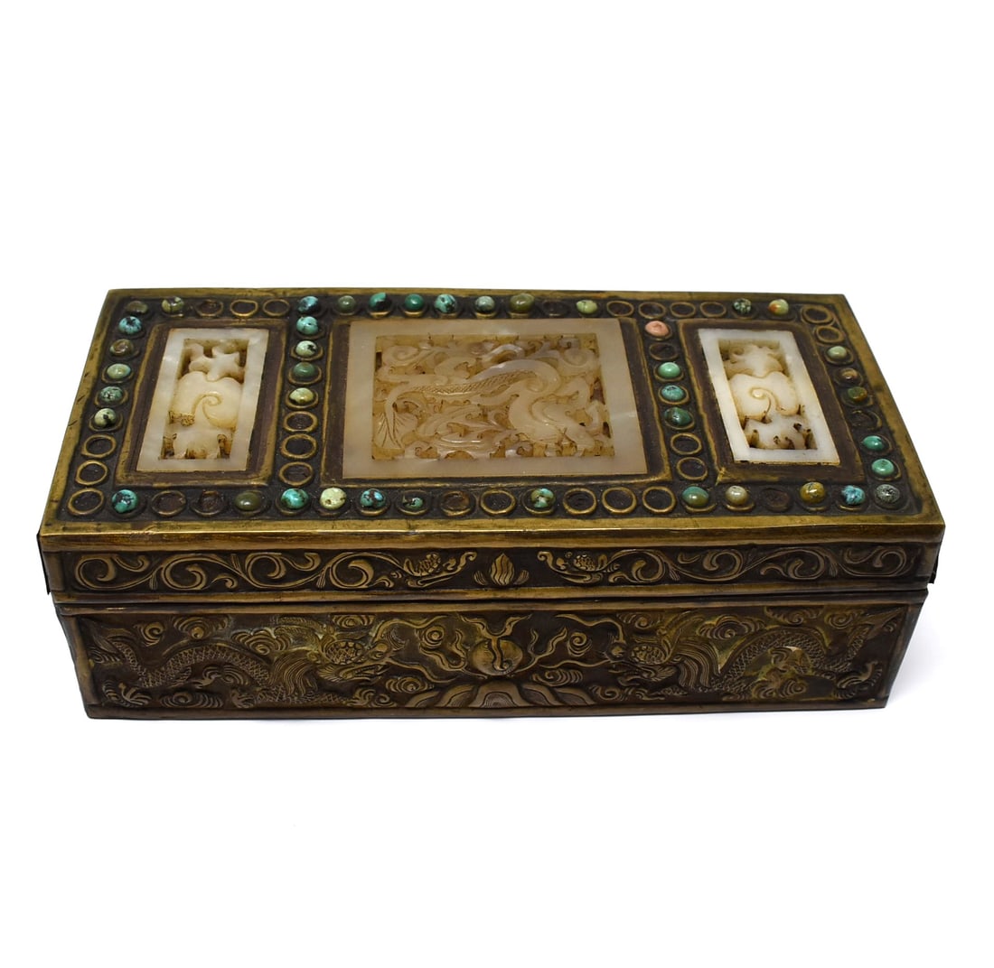 A Sino-Tibetan embelished brass and jade box and cover (1 of 18)