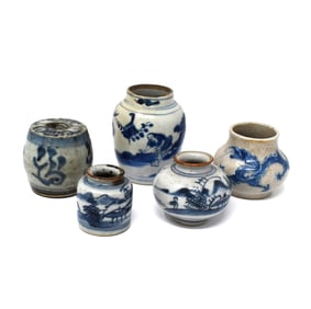 Grouping of five Chinese blue & white pottery vases