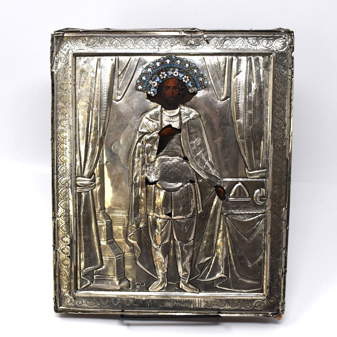 Antique Russian icon with silver & enamel oklad of St. Prince Alexander Nevsky (1 of 11)