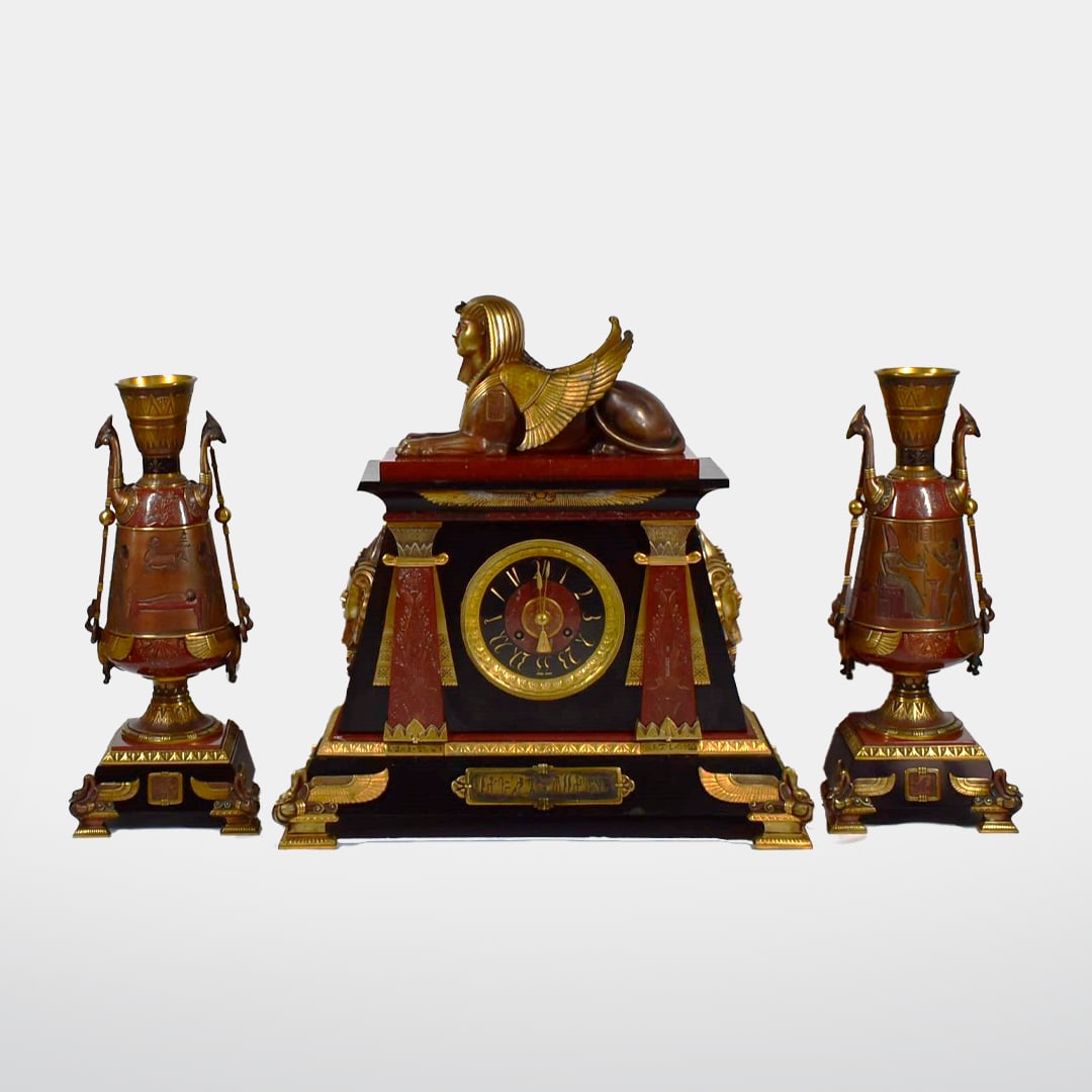Three-Piece Egyptian Revival Marble and Ormolu Clock Garniture, France, 19th century (1 of 20)