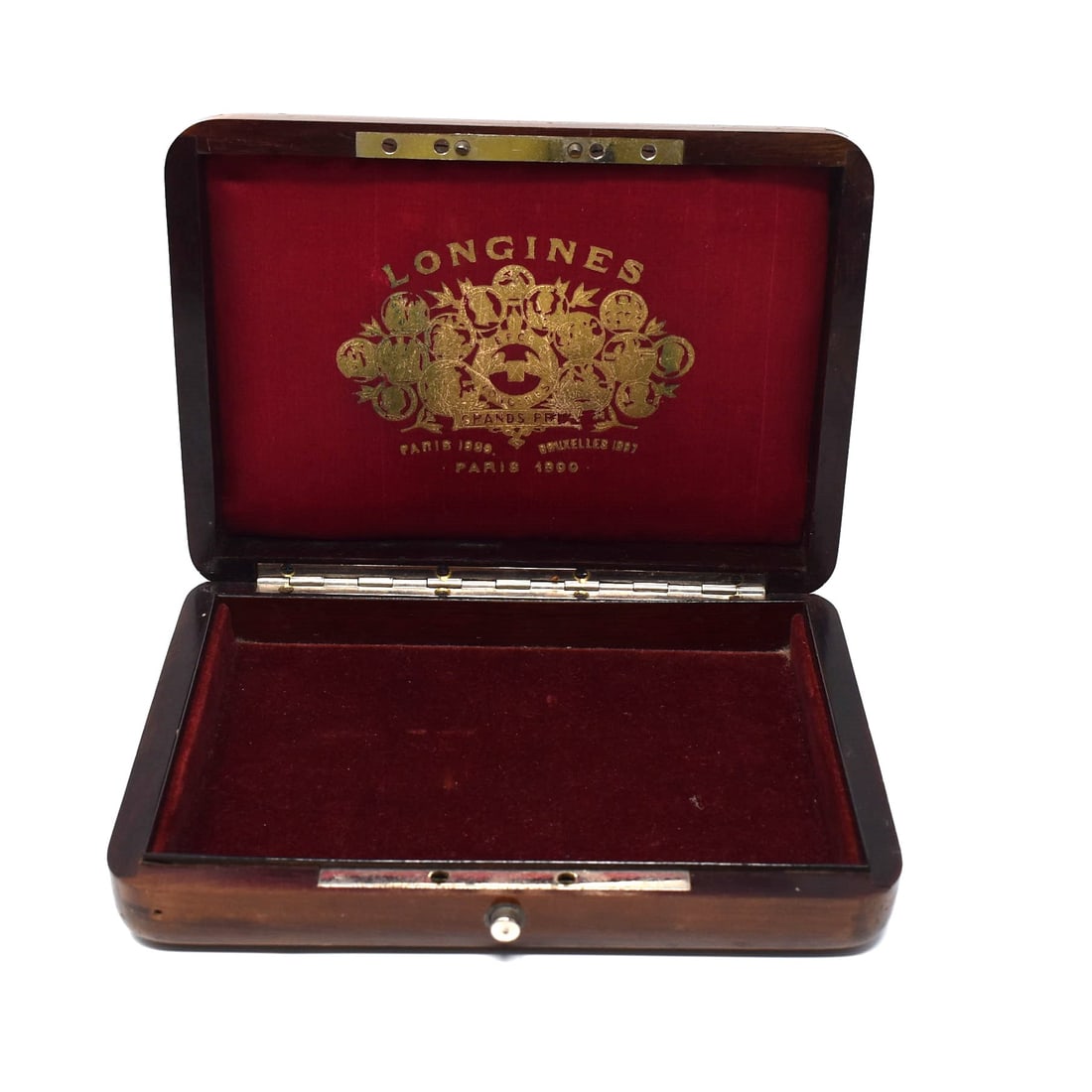 Antique Rosewood LONGINES case: An antique rosewood Longines case with mother of pearl inlay and original fabric lined interior. Early 20th century. Approximate measurements: 1 1/2"H x 6 3/4"W x 5" D or 3.8cm H x 17cm W x 12.7cm D