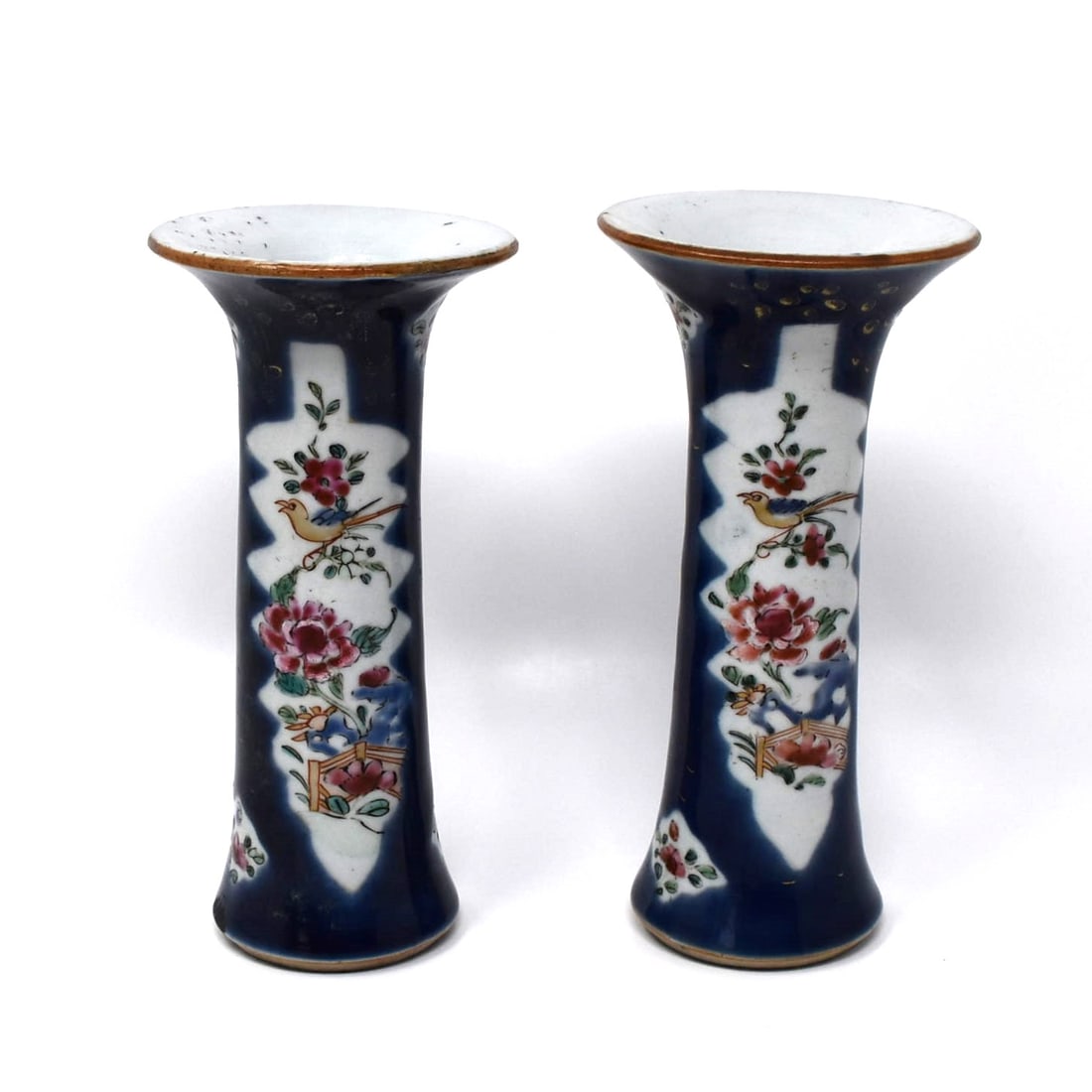A small pair of Chinese blue-ground famille rose floral Gu vases (1 of 10)