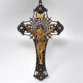 Antique bejewelled silver and galalite crucifix