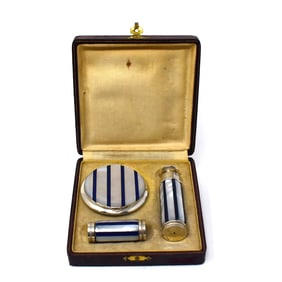 Art Deco silver, mother-of- pearl & enamel 3-piece vanity set