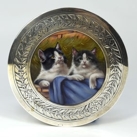 Tetard Freres, antique cat-themed sterling silver & enamel dresser box