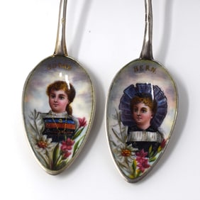 Two antique Swiss enamel and silver souvenir spoons