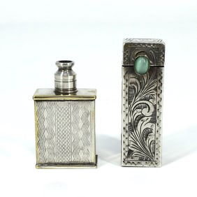 Antique Italian silver lipstick case with mirror & silverplate perfume