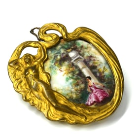 Miniature Art Nouveau gilt bronze frame & porcelain plaque