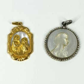 Two mother-of-pearl religious medal pendants, one with 18K gold