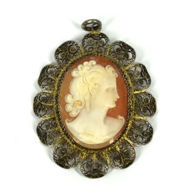 Antique filigree sterling silver mounted shell cameo pendant