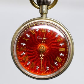 Antique Swiss red guilloche pendant watch