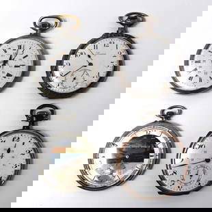 Grouping of four antique pocket watches including Longines: A grouping of four antique Swiss made open face pocket watches including a Longines pocket watch ( 800 silver cased 45mm in diameter), a Privilege pocket watch (49mm in diameter), and two un-marked po