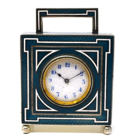 Antique sterling silver and guilloche enamel miniature desk clock