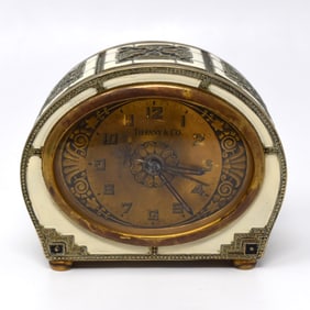 An Art Deco enamelled table/desk clock