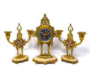 A 3-Piece gilt brass, champleve enamel & onyx Clock Garniture, France, 19th century