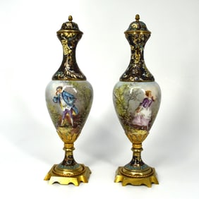 Pair of antique French champleve enamel & porcelain vases & covers