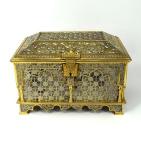 A large antique silvered and gilt bronze medieval style casket
