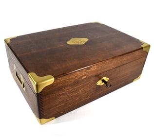 A large antique French brass mounted fitted flatware case, dated 1890