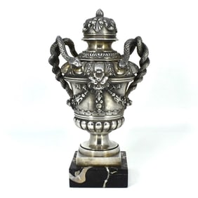 Antique silvered bronze urn & cover with snake handles