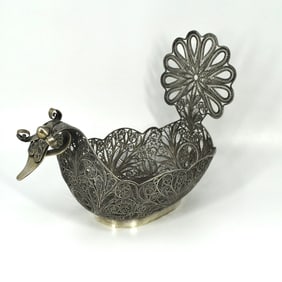 Antique Russian filigree metal figural bird form basket/ centerpiece