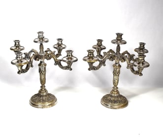Large pair of Louis XVI style silvered bronze 5-light candelabra
